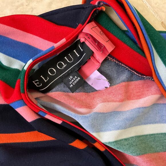 Eloquii Womans plus size 16 Striped Dress  Neck Tie Stretch Short Sleeve - Picture 4 of 7